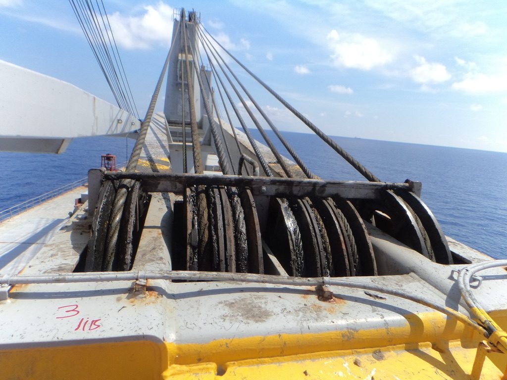 Wire sheaves at the top of a crane jib